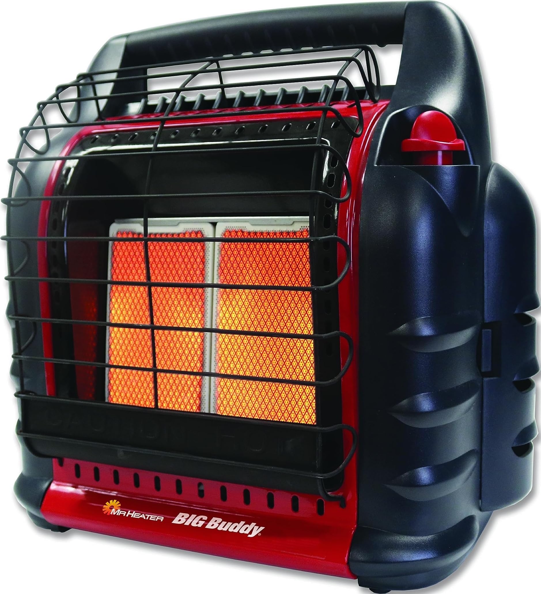 Mr. Heater front view showing compact heater and quick setup benefit