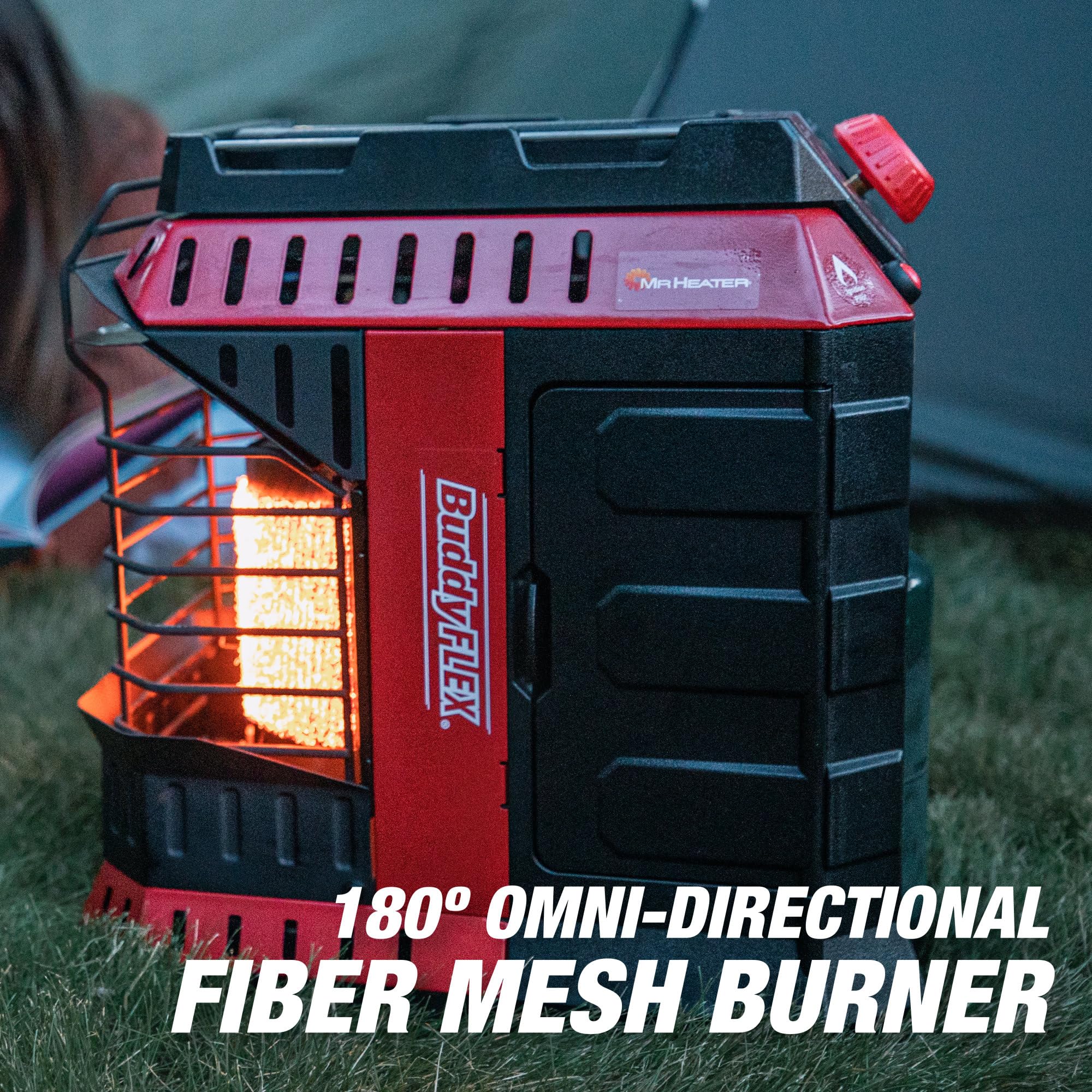 Mr. Heater Buddy FLEX held in hand showing scale and transport convenience