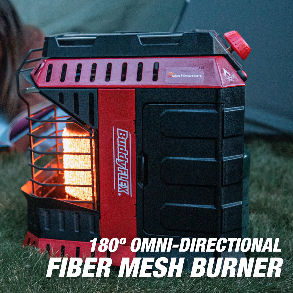 Mr. Heater Buddy FLEX held in hand showing scale and transport convenience