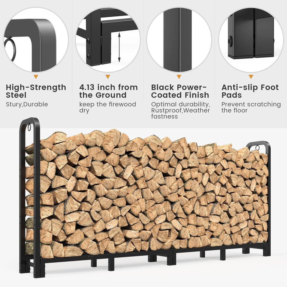 Mr IRONSTONE on patio with stacked logs ready to burn, showing outdoor durability benefit