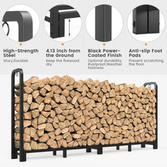 Mr IRONSTONE on patio with stacked logs ready to burn, showing outdoor durability benefit