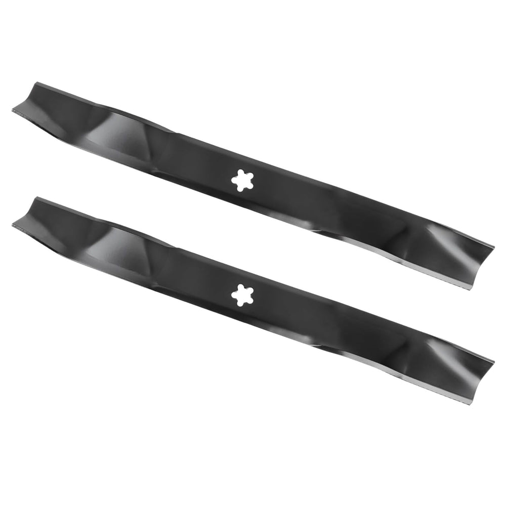 Mr Mower Parts front view of two-pack mulching blades showing packaging and fit