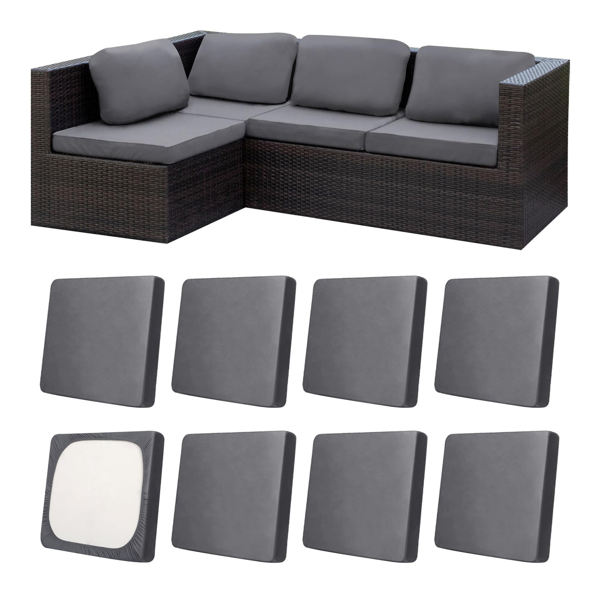 MRGSDL front view of packaged 8-piece cushion covers showing color options and clean presentation benefit