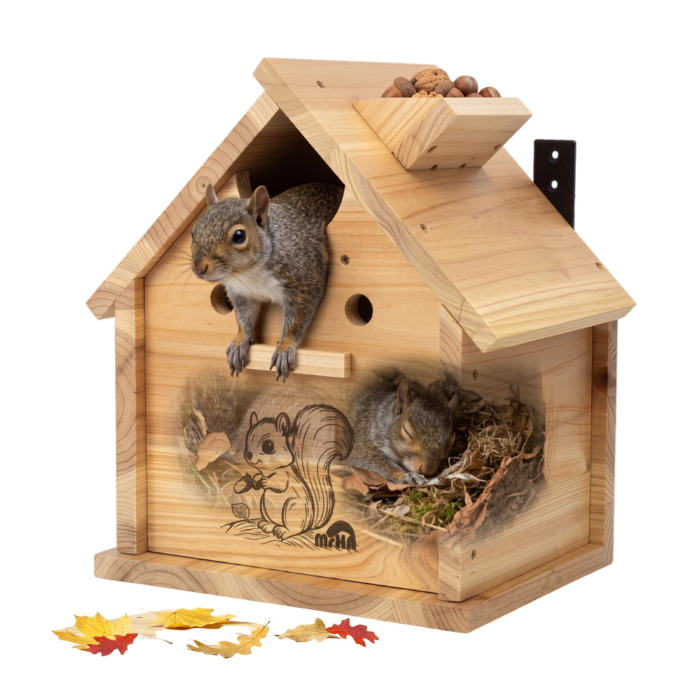 MRHN front view of squirrel house showing natural fir and secure entrance benefit