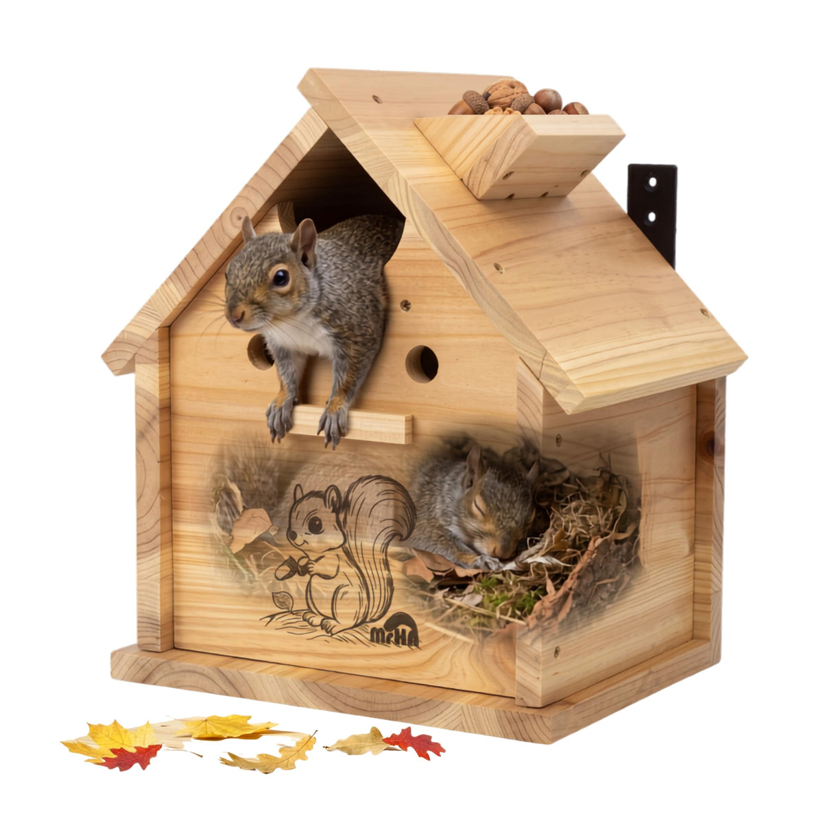 MRHN front view of squirrel house showing natural fir and secure entrance benefit