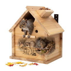 MRHN front view of squirrel house showing natural fir and secure entrance benefit