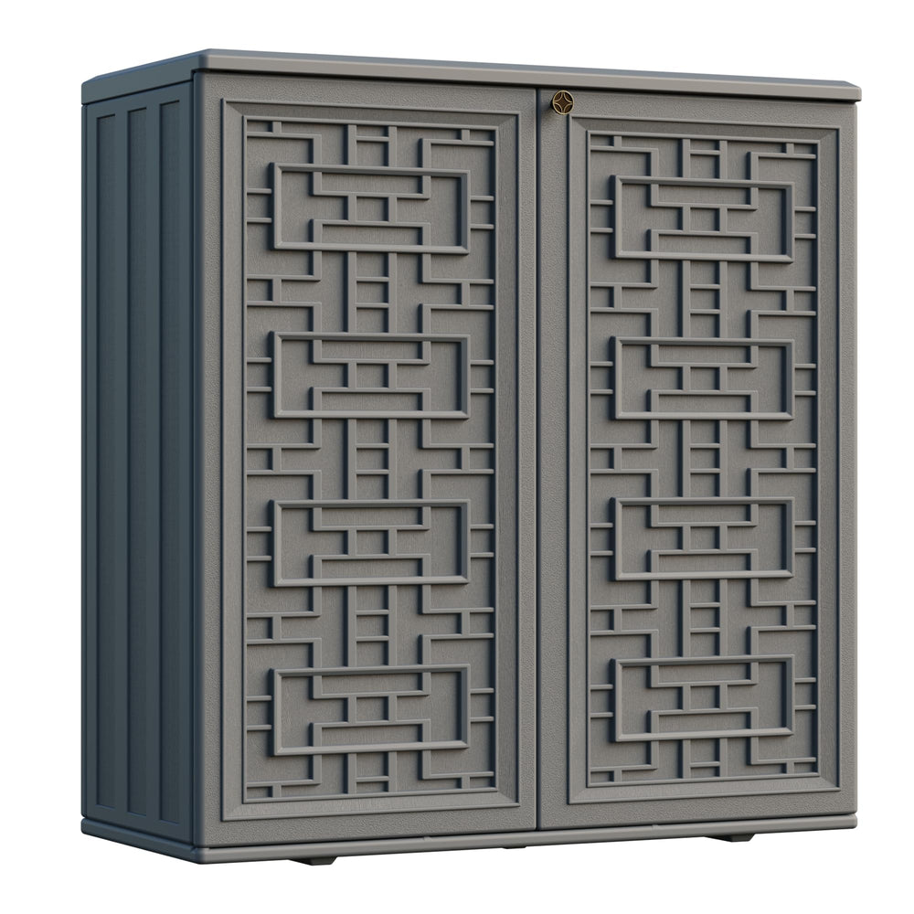 Mrosaa front view of cabinet showing compact weatherproof storage benefit