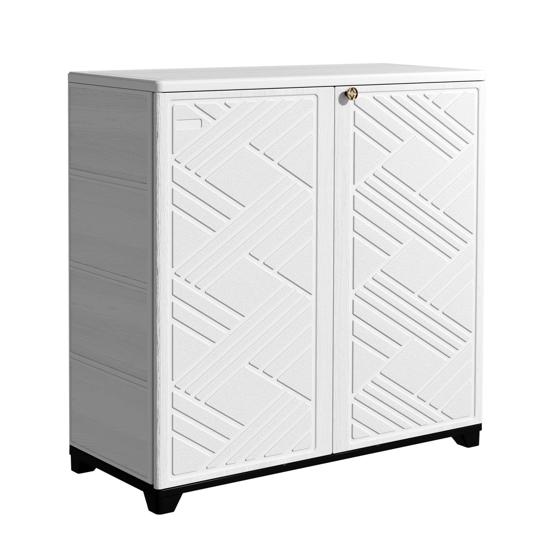 Mrosaa front view of white outdoor cabinet showing organized storage benefit