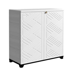 Mrosaa front view of white outdoor cabinet showing organized storage benefit