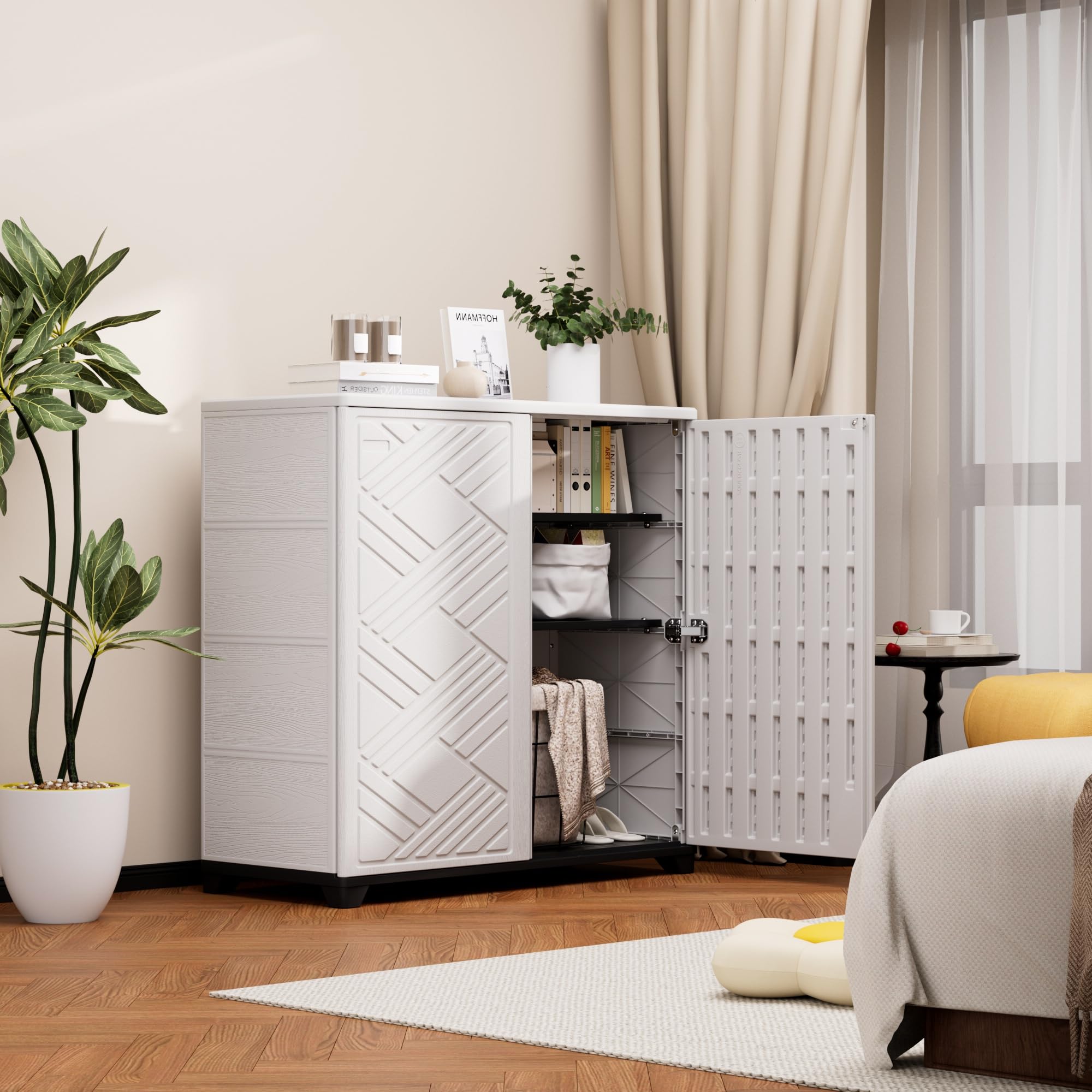 Mrosaa cabinet next to tools demonstrating compact scale and storage utility