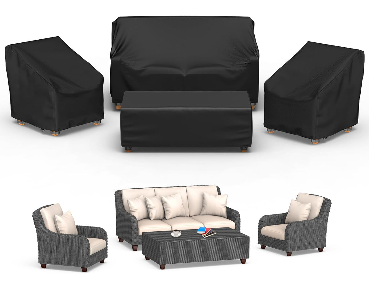 Mrrihand front view of full 4-piece cover set protecting patio furniture