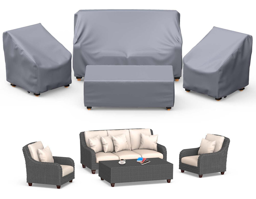 Mrrihand front view of 4-piece cover set protecting patio furniture