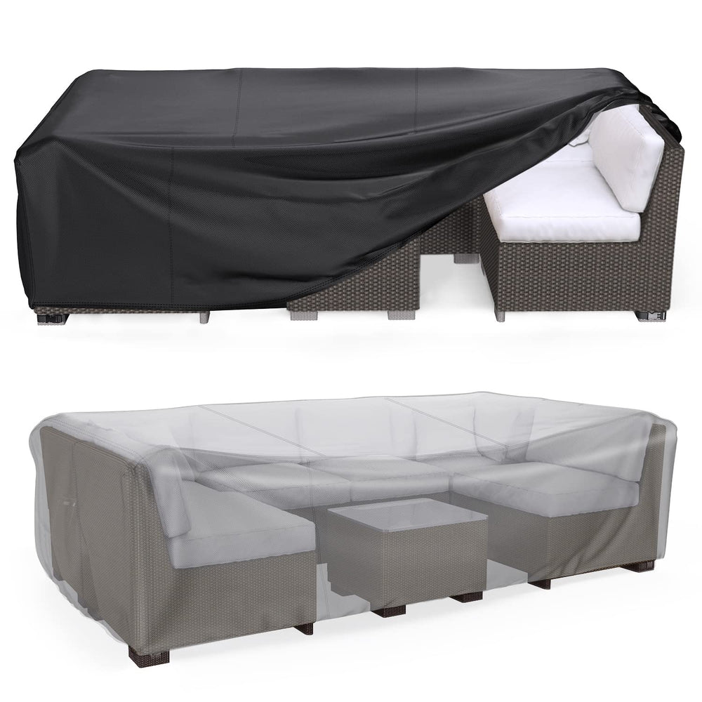 Mrrihand front view showing full covered patio dining set protecting furniture