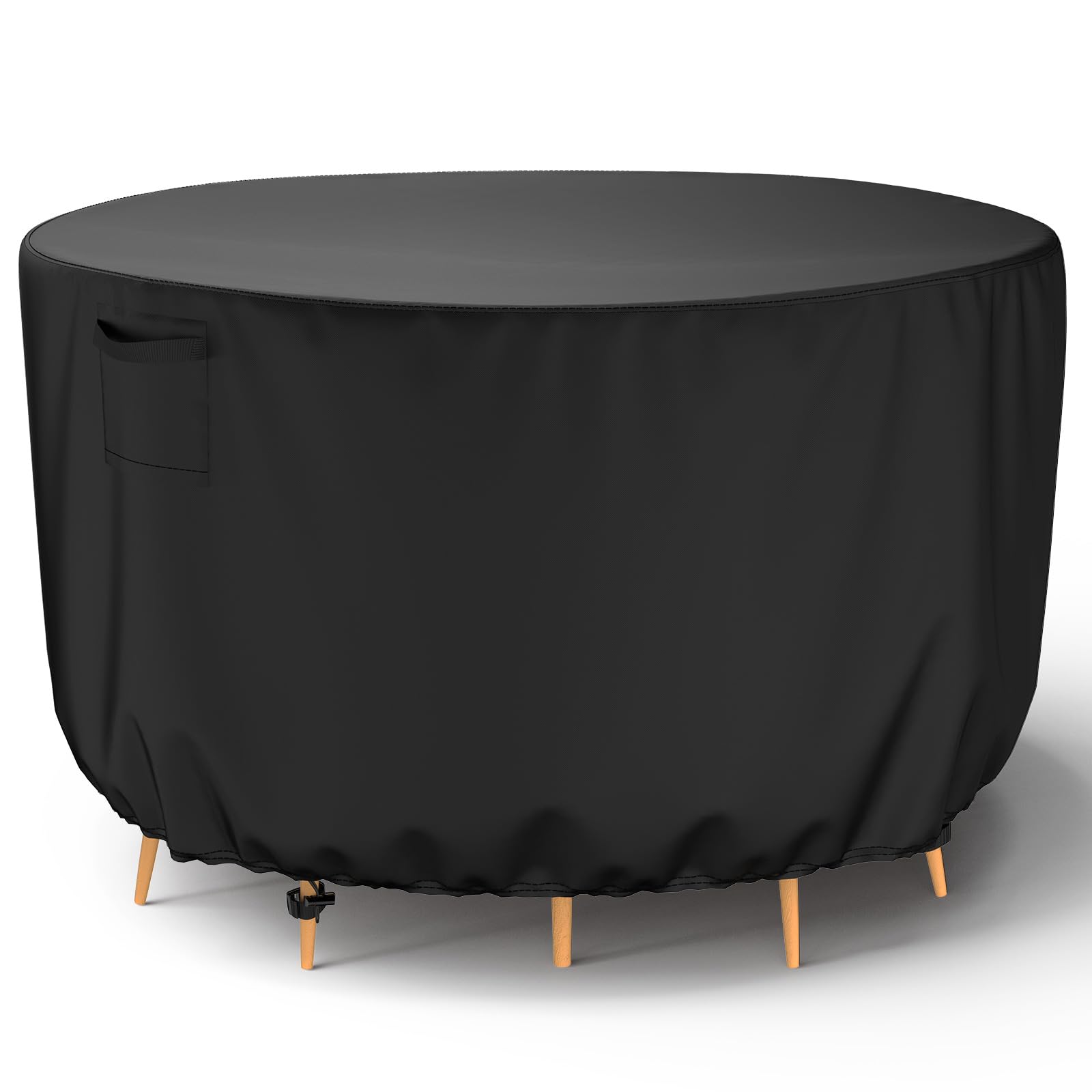 Mrrihand front view of cover on round patio set showing full protection and weatherproofing