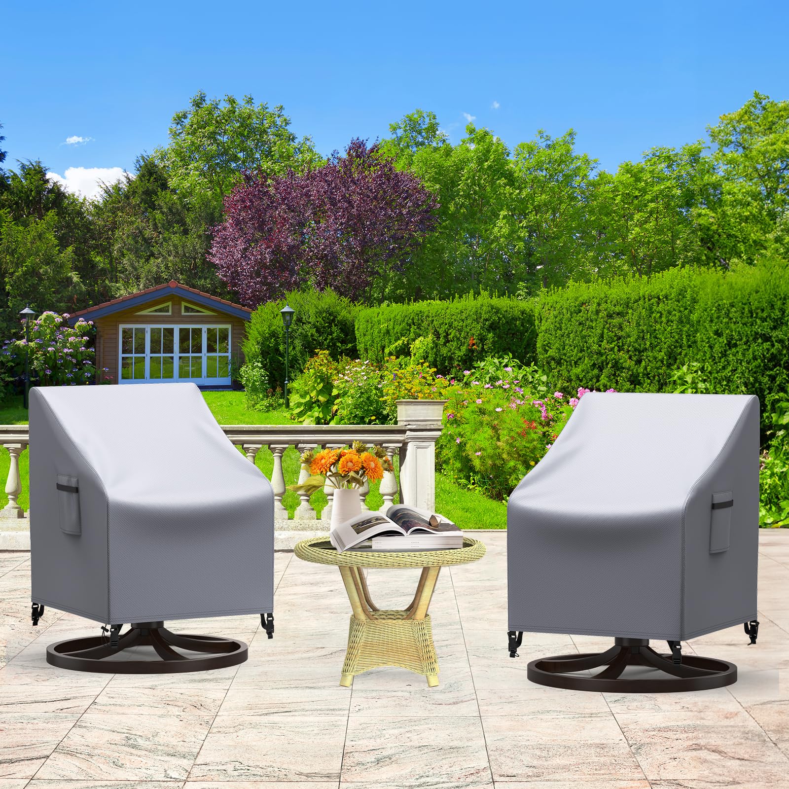 Mrrihand covered chairs in patio scene demonstrating all-weather protection