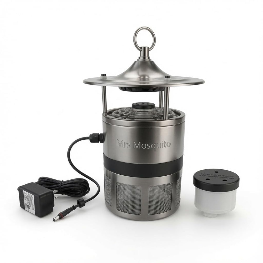 Mrs Mosquito front stainless-steel housing showing durable outdoor design and premium look