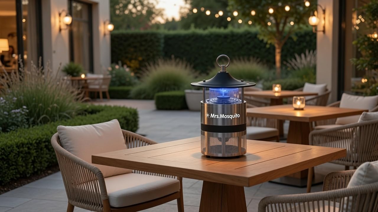 Mrs Mosquito placed on patio illustrating quieter operation for outdoor family gatherings