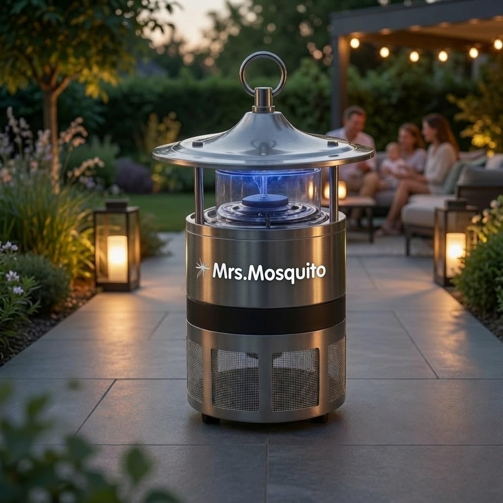Mrs Mosquito mounted on patio post illustrating optimal placement and coverage
