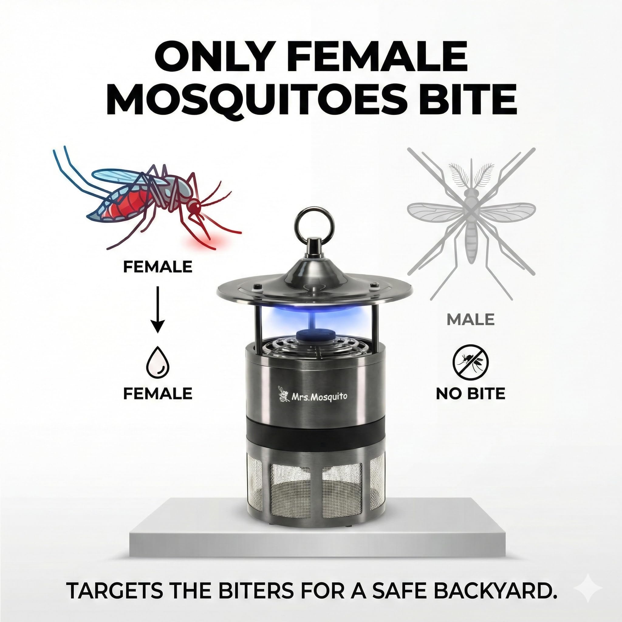 Mrs Mosquito next to a hand showing compact scale and easy handling benefit