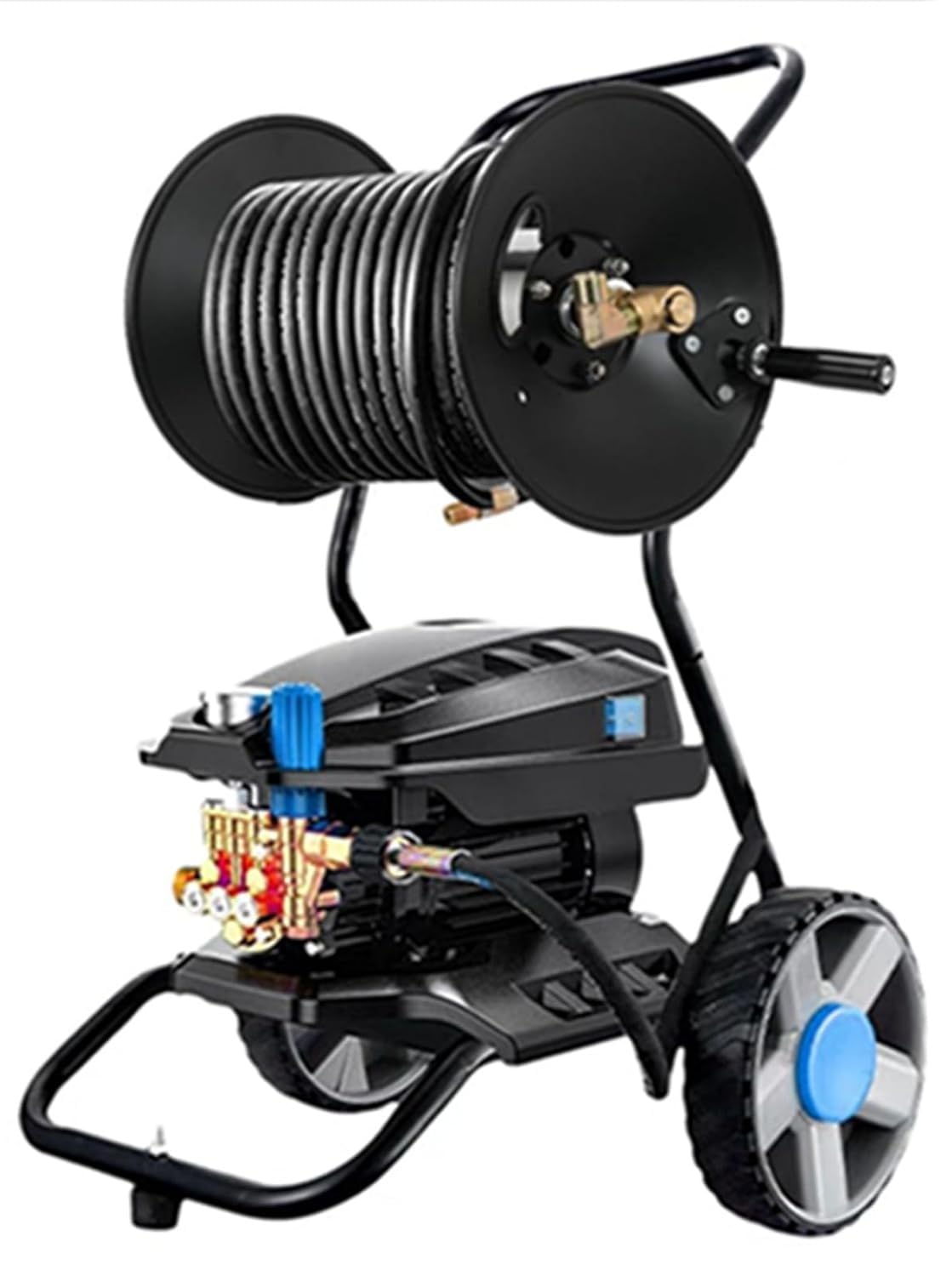 MSOTLIYR reel beside 100ft hose showing capacity and organized storage benefit