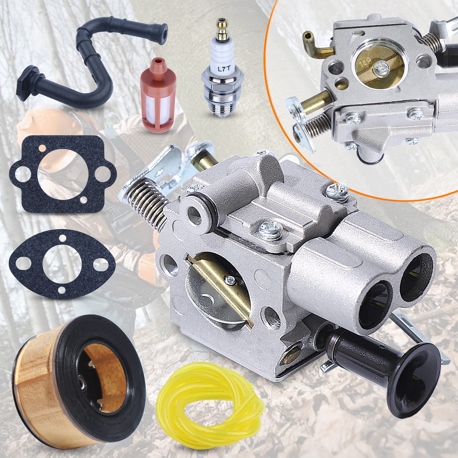 mtanlo carburetor installed on a Stihl chainsaw demonstrating proper fit