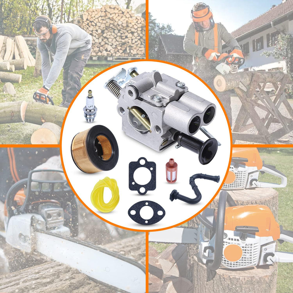 mtanlo complete kit laid out with carburetor, gaskets, plug, filter and hoses