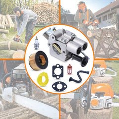 mtanlo complete kit laid out with carburetor, gaskets, plug, filter and hoses