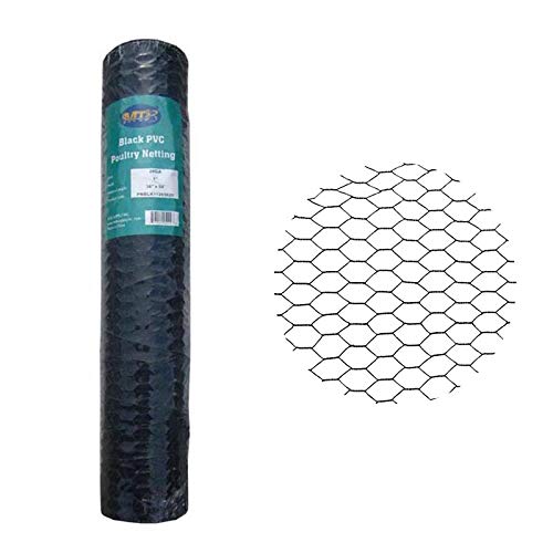 MTB Supply front view of PVC-coated hexagonal netting showing roll and label benefits