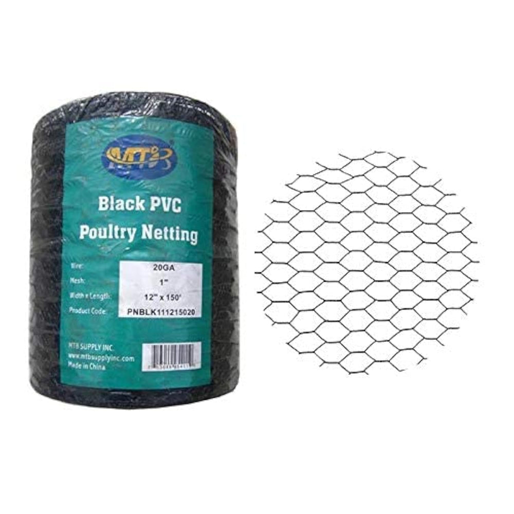 MTB Supply front view of black PVC poultry netting roll showing compact packaging and length benefit