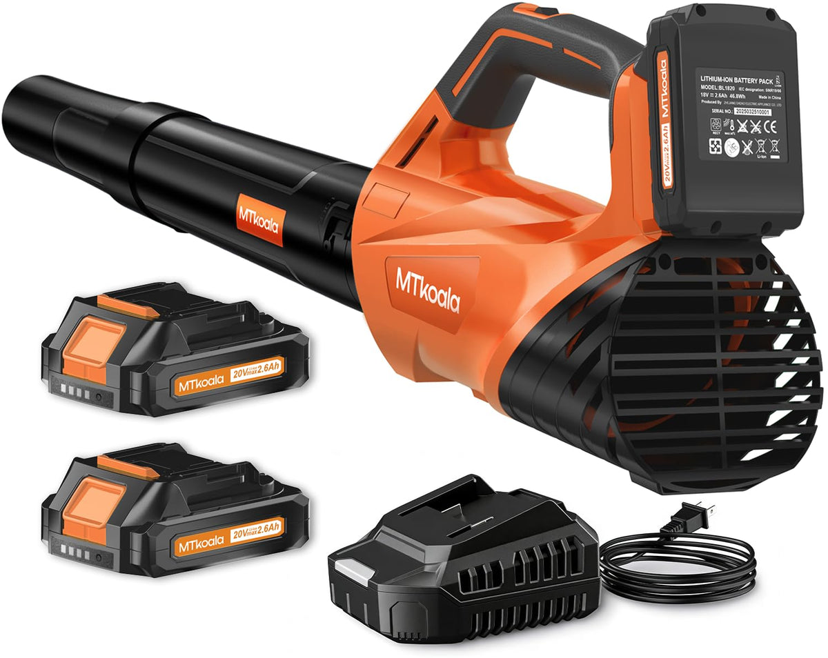 MTKOALA front view of orange leaf blower showing compact design and portability