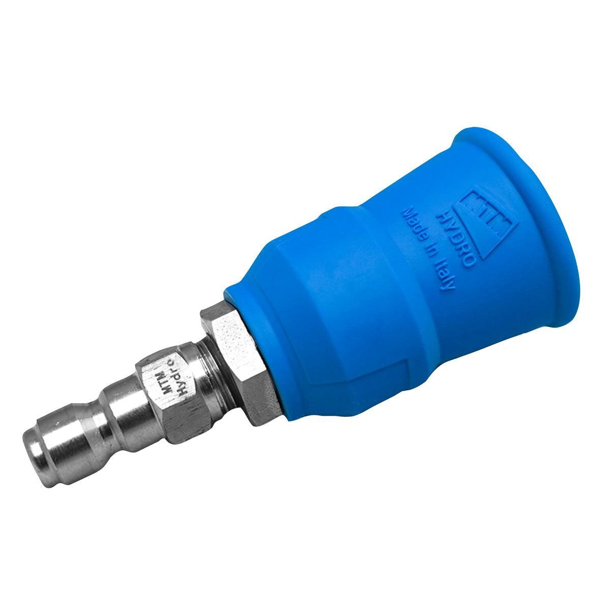 MTM Hydro front view of nozzle tip showing stainless steel and rubber guard benefit durability