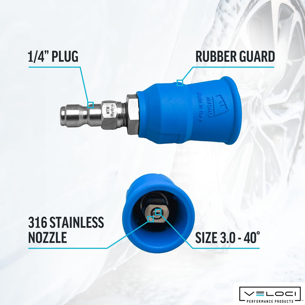 MTM Hydro nozzle in use rinsing car delivering wide even coverage