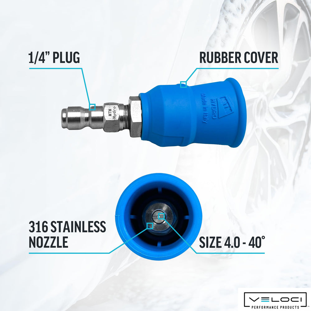 MTM Hydro nozzle in use washing a car offering wide spray for even rinsing benefit