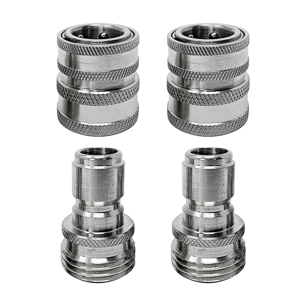 MTM Hydro front view of 4-piece adapter kit showing stainless-steel finish for durability