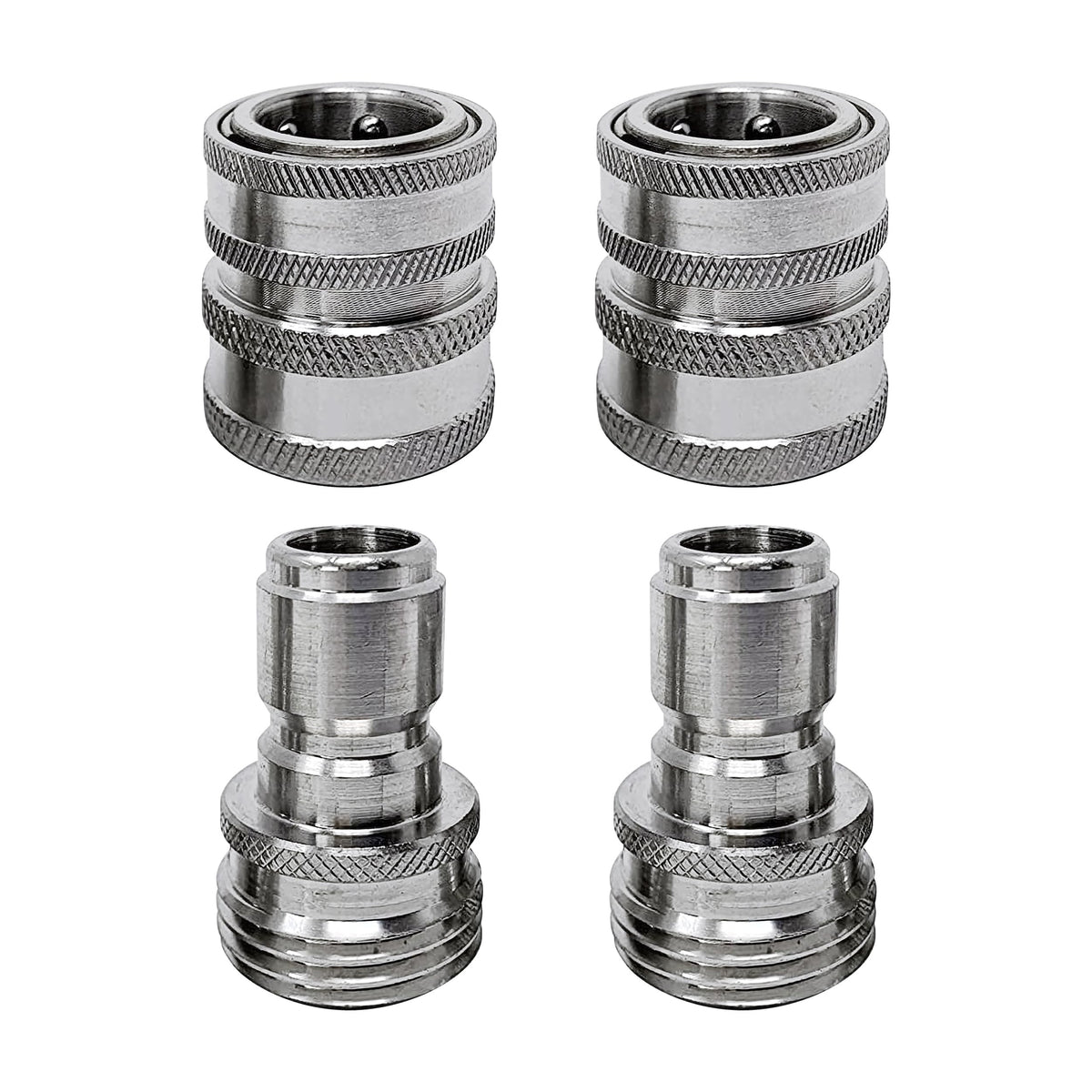 MTM Hydro front view of 4-piece adapter kit showing stainless-steel finish for durability