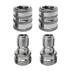 MTM Hydro front view of 4-piece adapter kit showing stainless-steel finish for durability