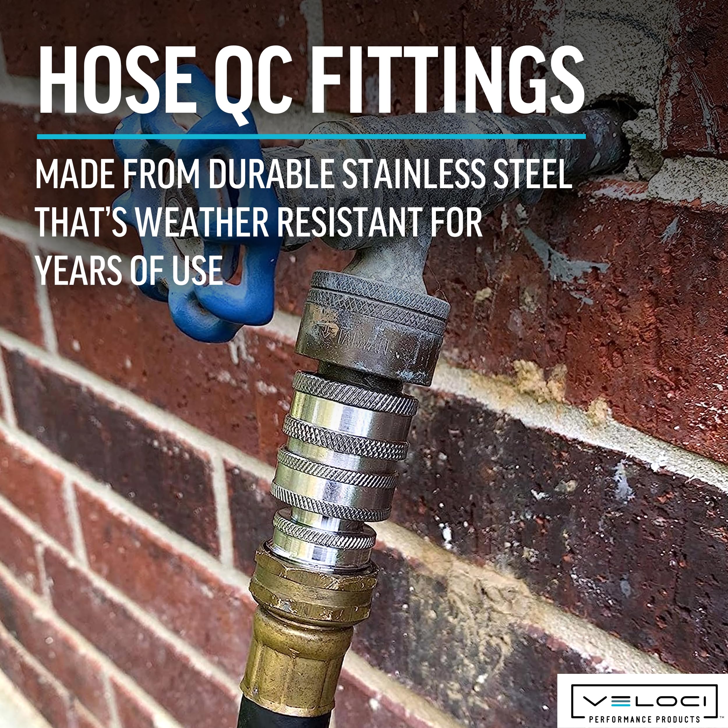 MTM Hydro adapters beside standard garden hose for scale and quick-change convenience
