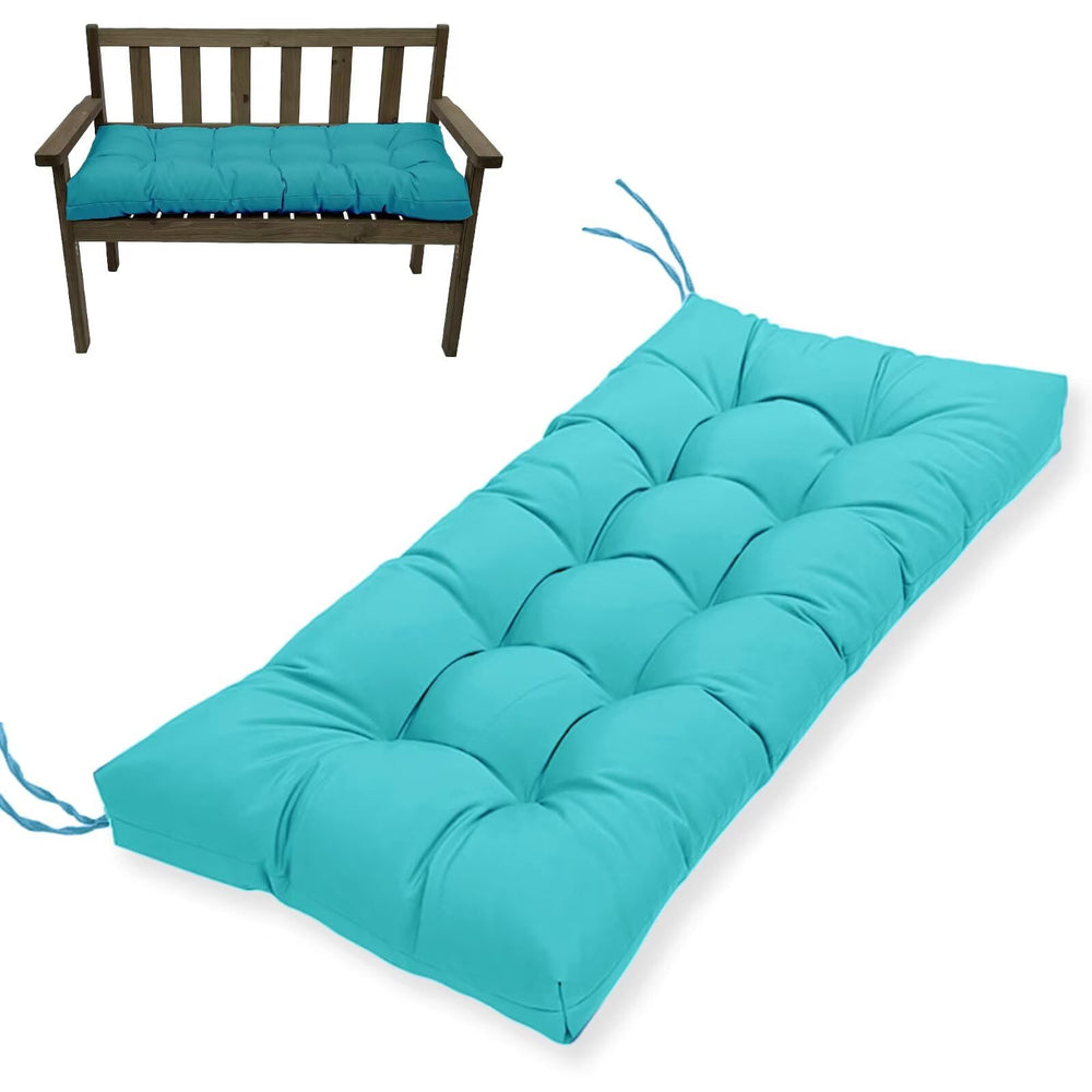 MTMR front view bench cushion on patio bench showing neat tailored fit and comfort