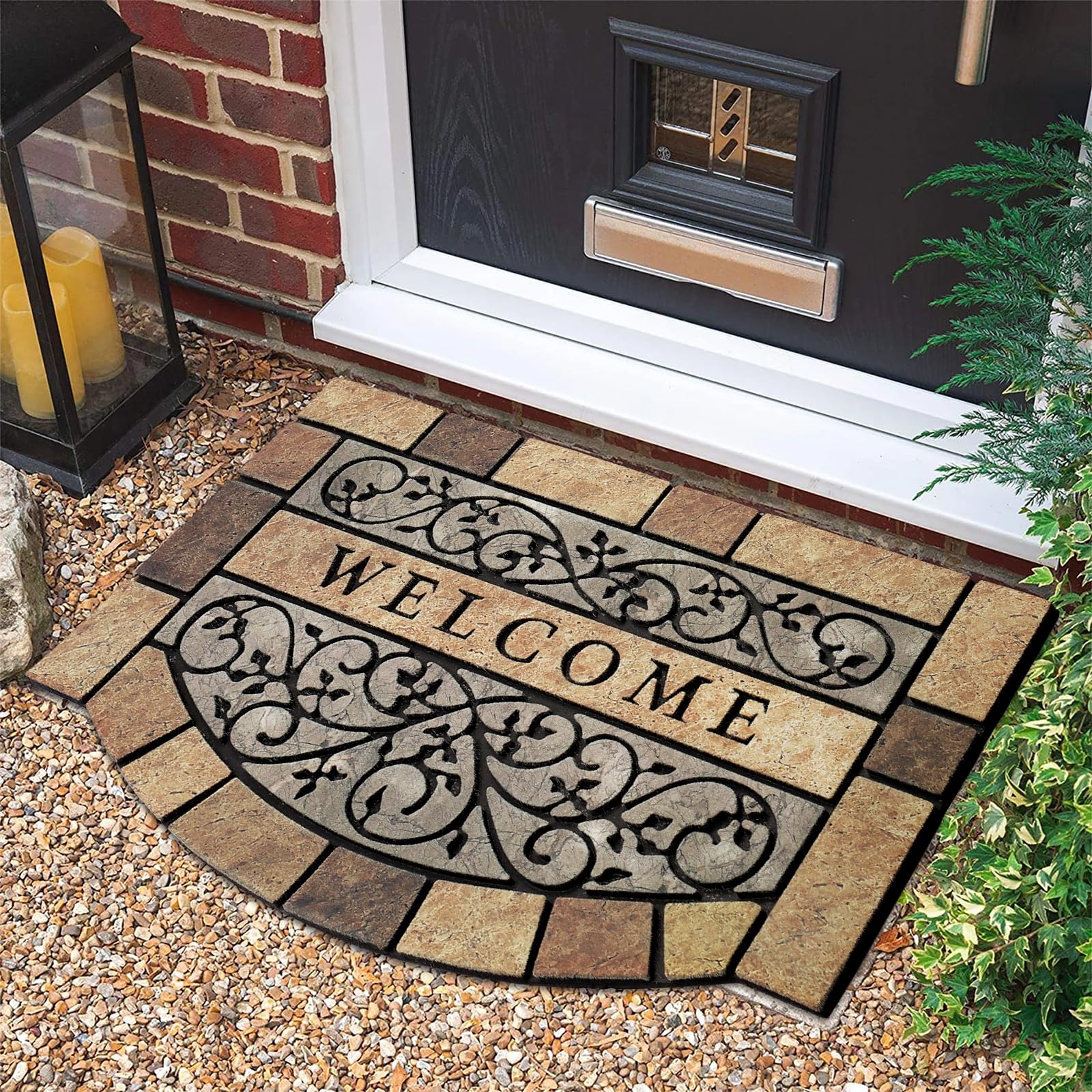 MTOUOCK front view stone scroll mat shows decorative pattern and curb appeal