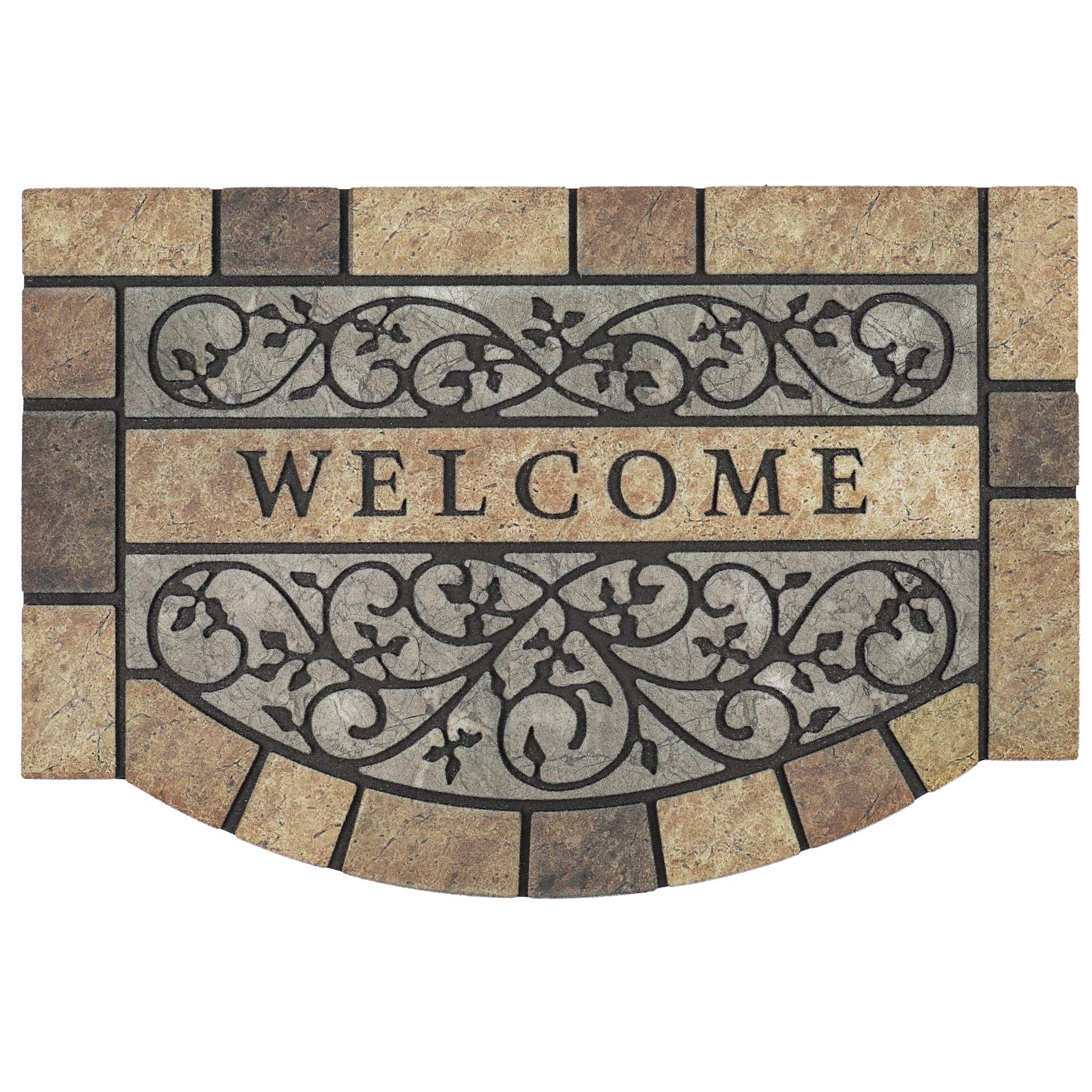 MTOUOCK front view welcome mat showing classic scroll design and durable rubber benefit