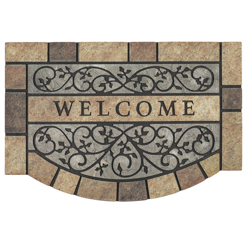 MTOUOCK front view welcome mat showing classic scroll design and durable rubber benefit