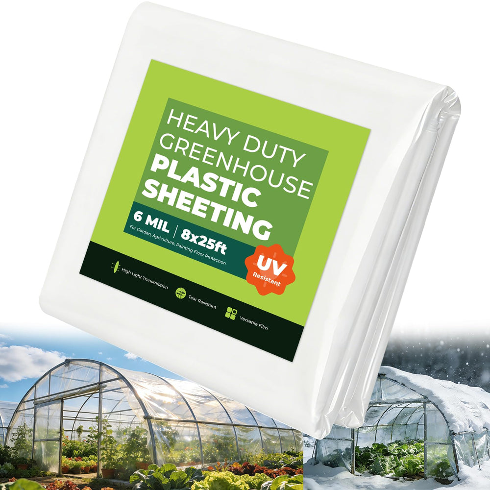 MTYIK front view of 8x25 ft greenhouse cover showing product label and size benefit