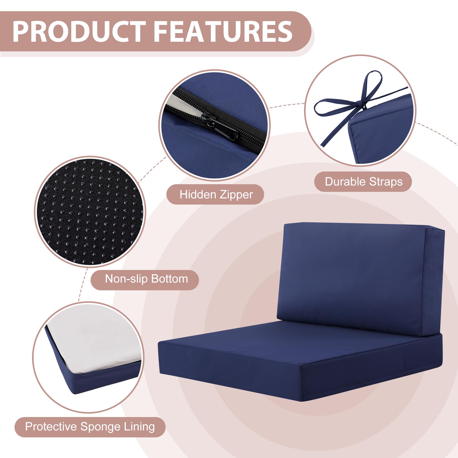 MuaMelop cushion underside with non-slip silicone dots and corner ties for secure placement