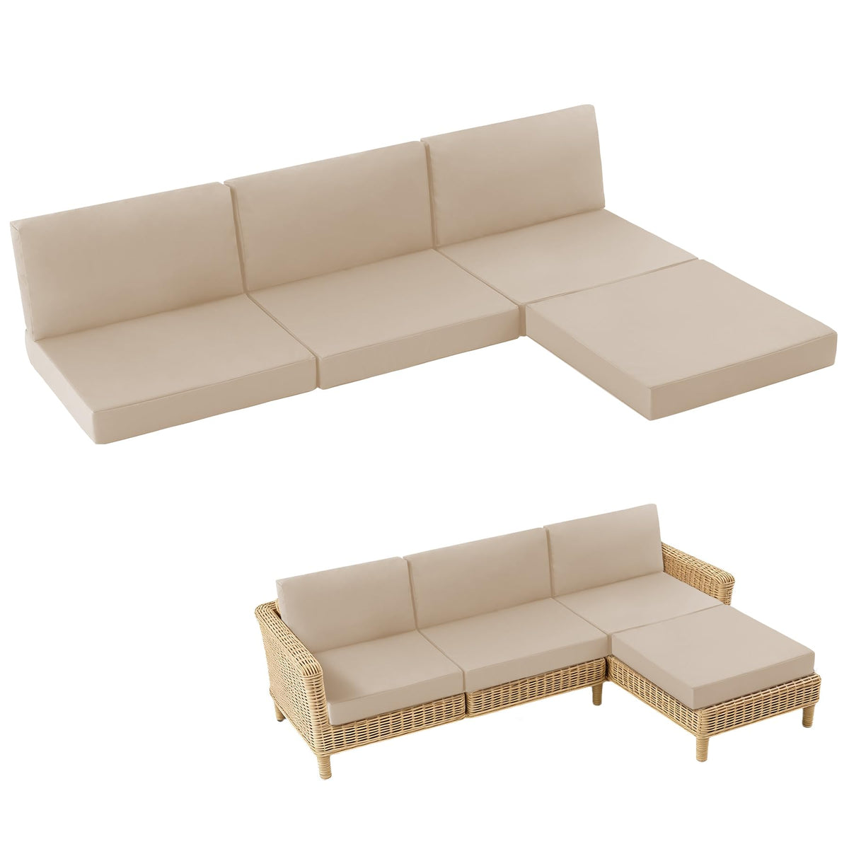 MuaMelop front view on patio sofa showing full replacement set and renewed aesthetic