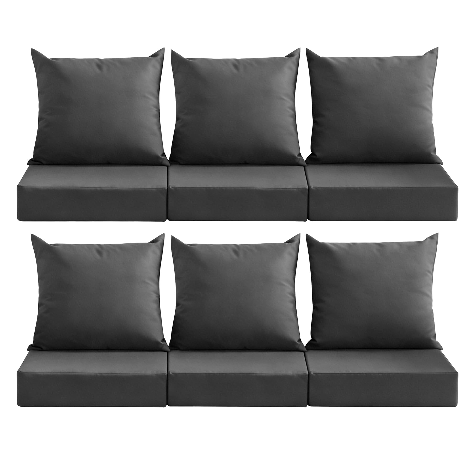MuaMelop front view of six dark grey cushions showing coordinated set and style