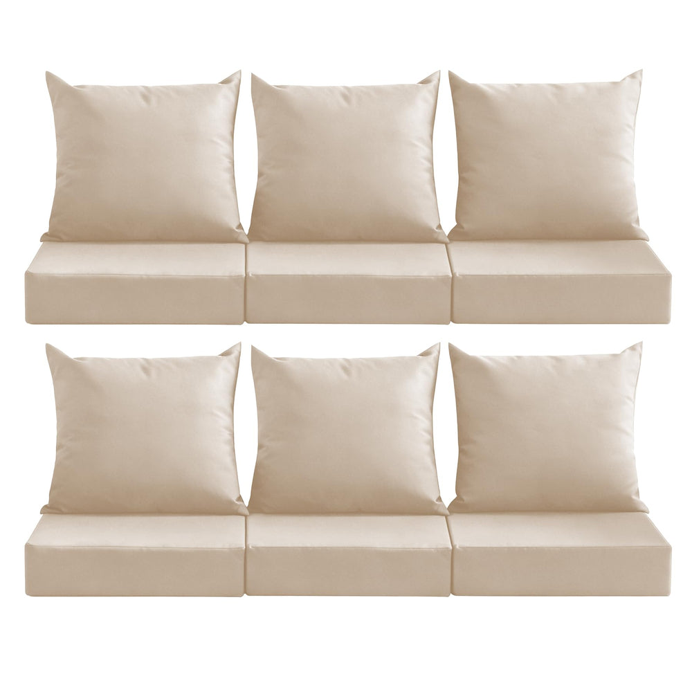 MuaMelop front view six-pack showing coordinated beige cushions and uniform styling