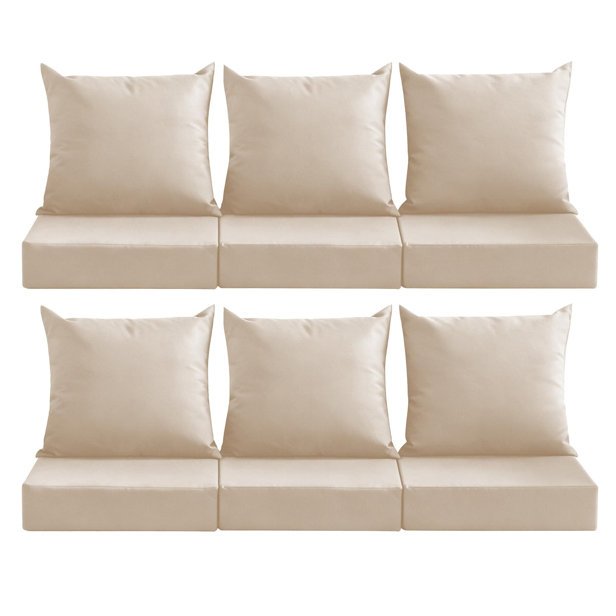 MuaMelop front view six-pack showing coordinated beige cushions and uniform styling