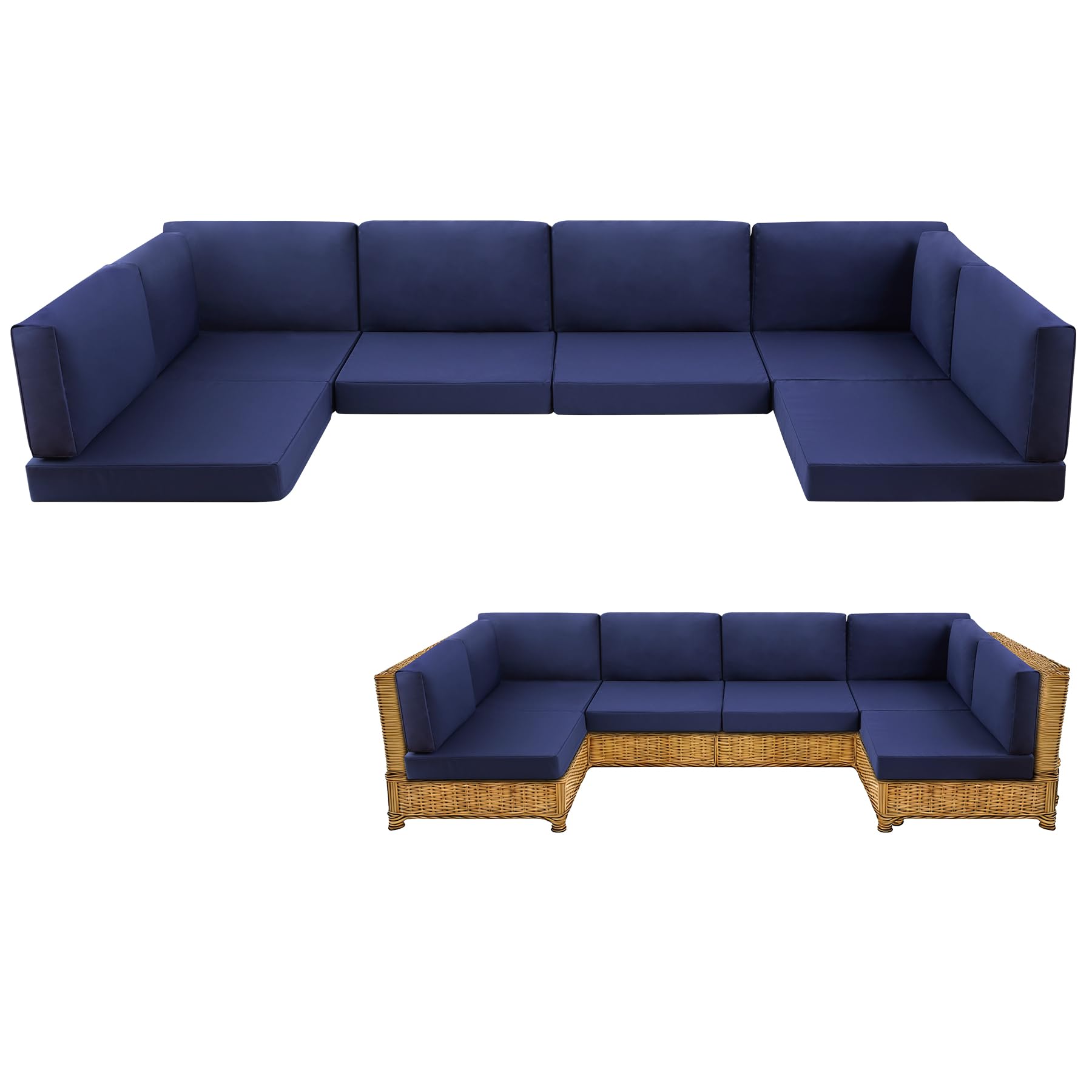 MuaMelop full 14-piece set front view shows coordinated navy replacement cushions and neat fit
