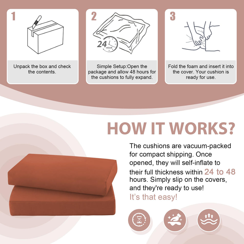 MuaMelop vacuum-compressed cushions unpacking to full shape for convenient delivery