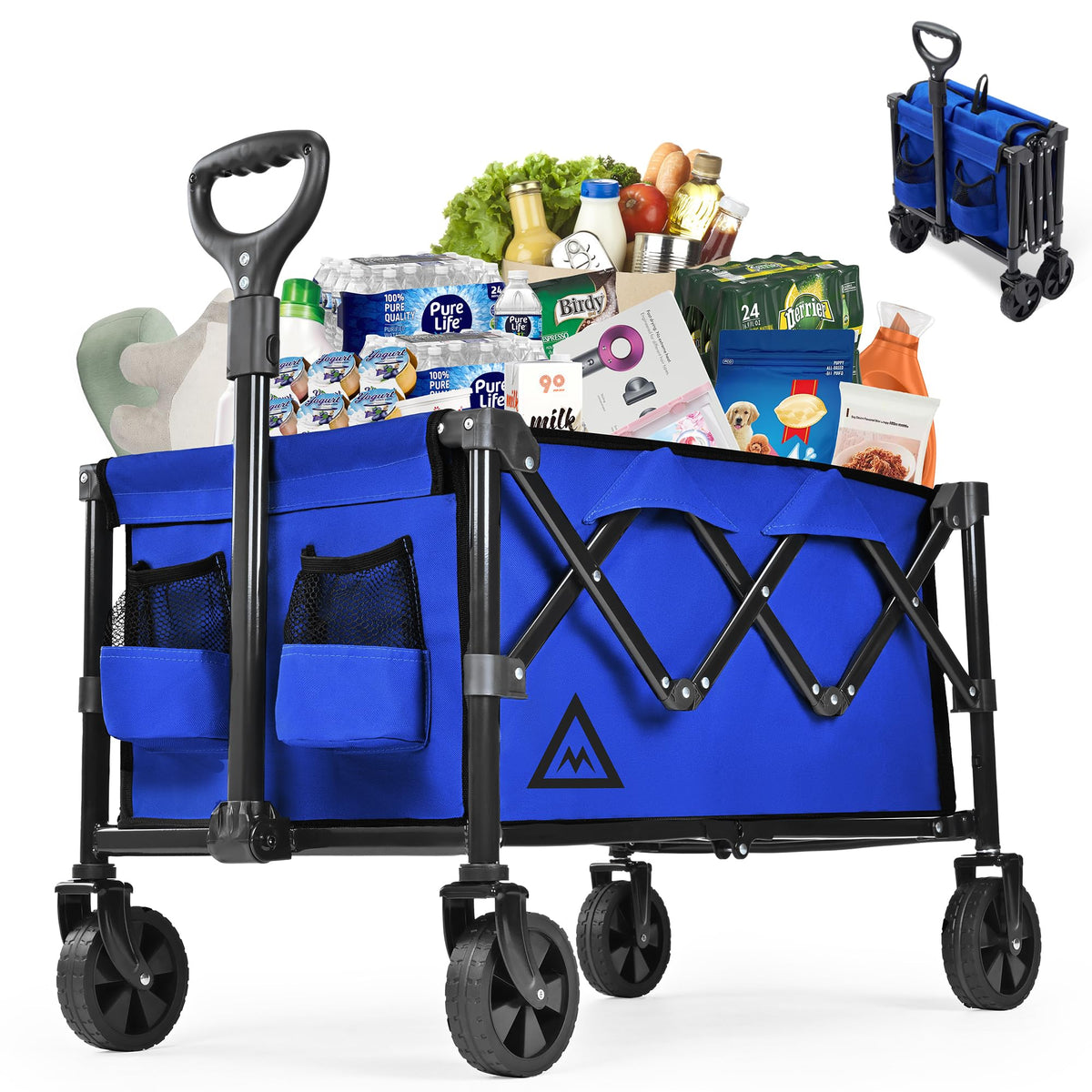 Muarch wagon front view showing blue cargo area and sturdy frame for dependable hauling